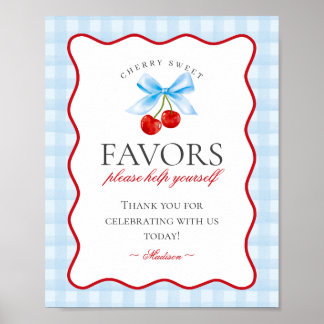 Cherry Sweet Blue Coquette Bow Gingham Favorieten  Poster