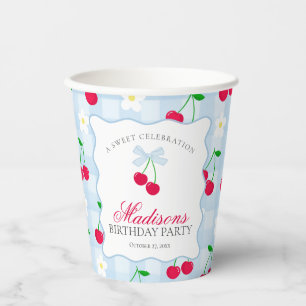Cherry Sweet Blue Coquette Bow Gingham Verjaardag Papieren Bekers