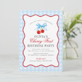 Cherry Sweet Blue Coquette Gingham eerste verjaard Kaart (Staand voorkant)