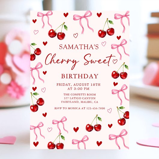 Cherry Sweet Bow Birthday Invitation