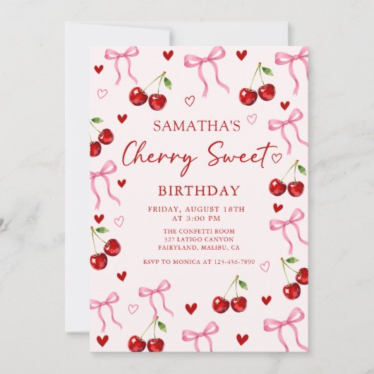 Cherry Sweet Bow Birthday Invitation (Devant)