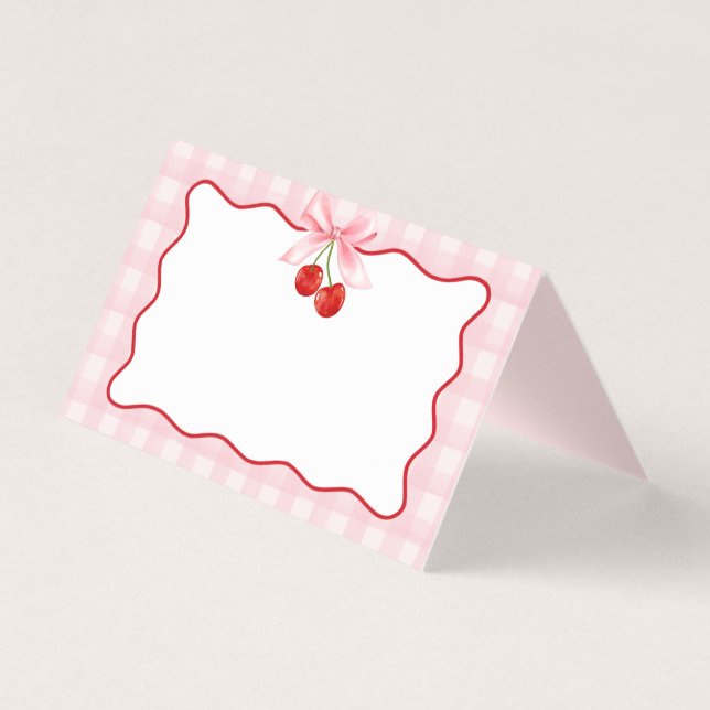 Cherry Sweet Pink Coquette Bow Gingham Place Card Kaart (Voorkant)