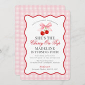 Cherry Sweet Pink Coquette Bow Gingham Verjaardag Kaart (Voorkant / Achterkant)