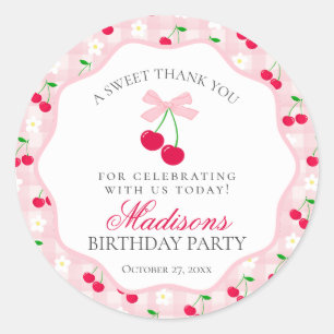 Cherry Sweet Pink Coquette Bow Verjaardagskring Ronde Sticker