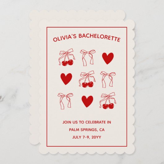 Cherry Sweet Red Bows Bachelorette Invitation (Devant / Derrière)