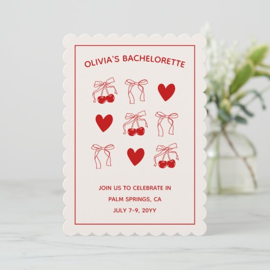 Cherry Sweet Red Bows Bachelorette Invitation (Debout devant)