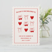 Cherry Sweet Red Bows Bachelorette uitnodiging (Staand voorkant)