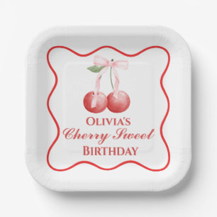 Cherry Sweet verjaardag Pink Bow Gingham Papieren Bordje