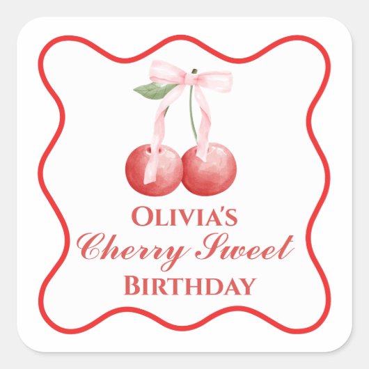 Cherry Sweet verjaardag Pink Bow Gingham Vierkante Sticker (Voorkant)