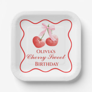 Cherry Sweet verjaardag Roze Strik Gingham Papieren Bordje