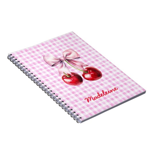 Cherry with Cute Pink Bow on Gingham Custom Name Notitieboek (Rechterzijde)