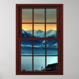 Cherry Wood Afbeelding Window Mountain Uitzicht 1  Poster
