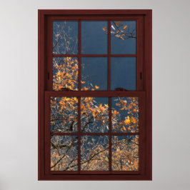 Cherry Wood Faux Window Autumn Leaves Uitzicht 2 o Poster