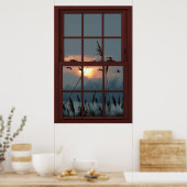 Cherry Wood Faux Window Illusion - Flock of Birds Poster (Keuken)