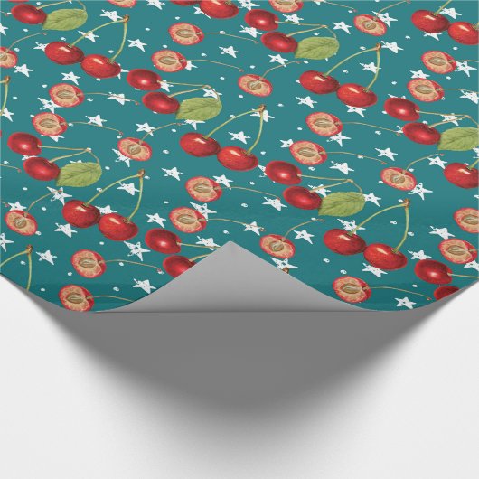 Cherry Wrapping Paper met Dusty Blue Background Cadeaupapier (Hoek)