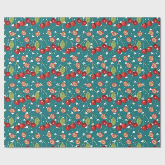 Cherry Wrapping Paper met Dusty Blue Background Cadeaupapier (Vlak)