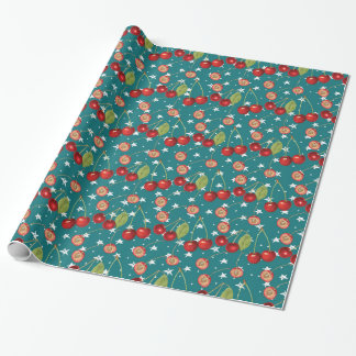 Cherry Wrapping Paper met Dusty Blue Background Cadeaupapier