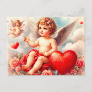  Cherub Angel met Roze Rozen Briefkaart