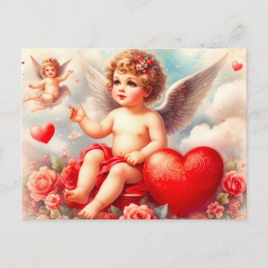  Cherub Angel met Roze Rozen Briefkaart (Voorkant)