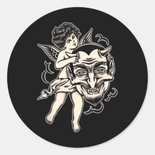 Cherub en satan traditioneel Tattoo zwartwerk Ronde Sticker