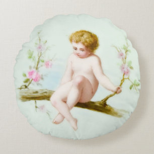 Cherubic Cupid Sits on Pink Flower Vine Swing Rond Kussen