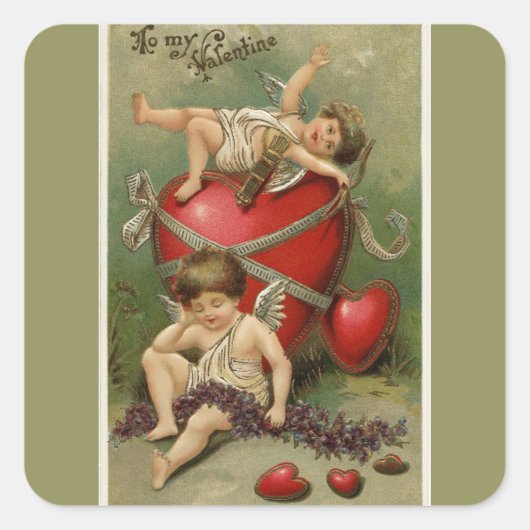  Cherubs en Valentijn Hearts Green Vierkante Sticker (Voorkant)
