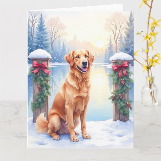 Chesapeake Bay Retriever Winter Lakeside Christmas Kaart (Gele Bloem)