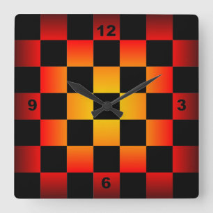 Chess ~ Checkerboard Clock Black & Fire Background Vierkante Klok