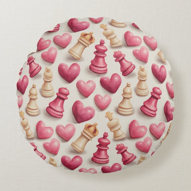 Chess & Hearts Valentines Pattern Rond Kussen (Voorkant)
