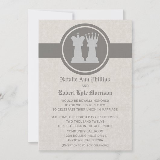 Chess King en Queen Wedding Invitation, Grey Kaart (Voorkant)