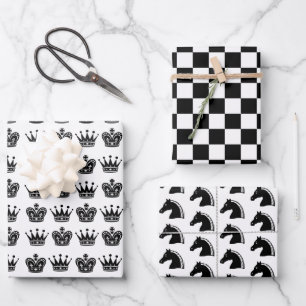 Chess King Queen Knight Black White Pattern Fun Inpakpapier Vel