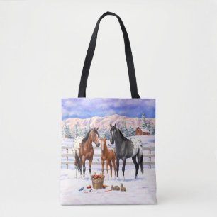 Chestnut Gray Grulla Appaloosa-paarden op sneeuw Draagtas