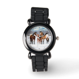 Chestnut Gray Grulla Appaloosa-paarden op sneeuw Horloge