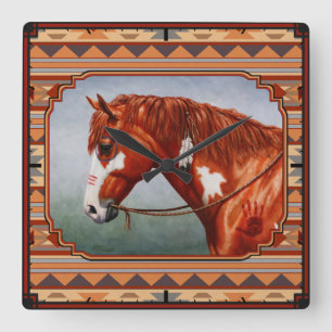 Chestnut Pinto Horse Southwest Indian Design Vierkante Klok