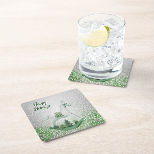 Cheval à Bascule Blanc Vert Noël Sous-Verre en Pap (En situation)