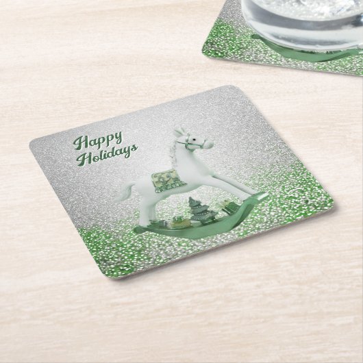 Cheval à Bascule Blanc Vert Noël Sous-Verre en Pap (Incliné)