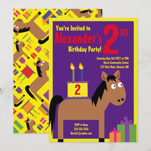 Cheval Animal Enfant's Birthday Party Invitations (Devant / Derrière)