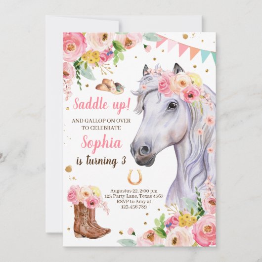 Cheval Anniversaire Invitation fille fille fille r (Devant)