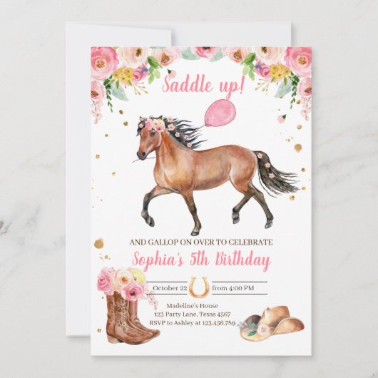 Cheval Anniversaire Invitation fille fille fille r (Devant)