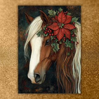 Cheval avec poinsettia rouge et carte de Noël au h