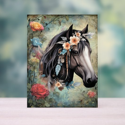 Cheval brun dans les fleurs. (Neutre)