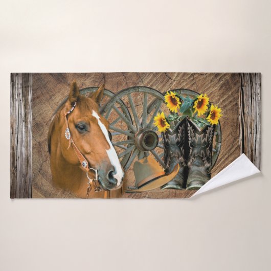 Cheval Cowboy Boots Wagon Wheels Sunflowers Wester (Serviette de bain)