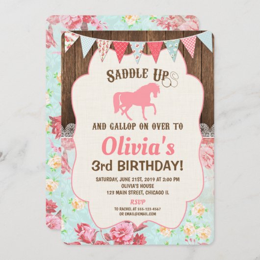 Cheval cowgirl anniversaire invitation fille flora (Devant / Derrière)