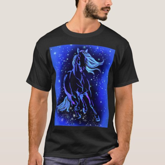 Cheval de course T-shirt bleu Lune nuit étoilée (Devant)