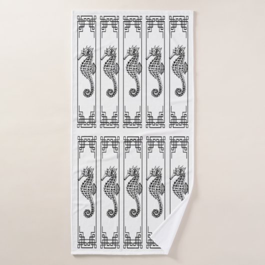 Cheval de mer noir et blanc - Illustration graphiq (Serviette de bain)