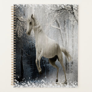 Cheval D'Hiver Blanc En Forêt De Montagne