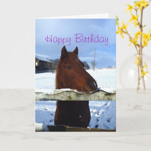 Cheval d'hiver Carte d'anniversaire (Fleur jaune)