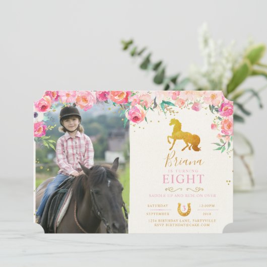 Cheval d'or aux fleurs Photo Invitation d'annivers (Debout devant)