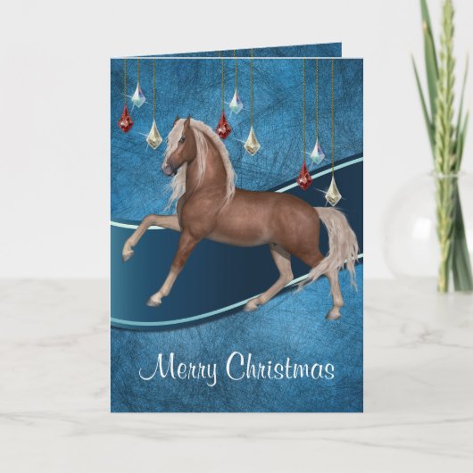 Cheval en bleu avec ruban Joyeux Noël Carte 2 (Devant)
