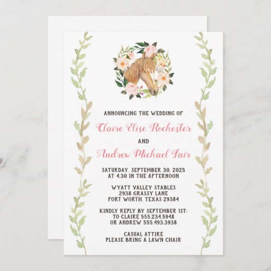 Cheval Faire-part de mariage - Aquarelle (Devant / Derrière)